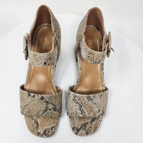 Vionic Chardonnay Sandals Size 8.5M Snake Emboss Tan Leather Open Toe Block Heel - Picture 3 of 13